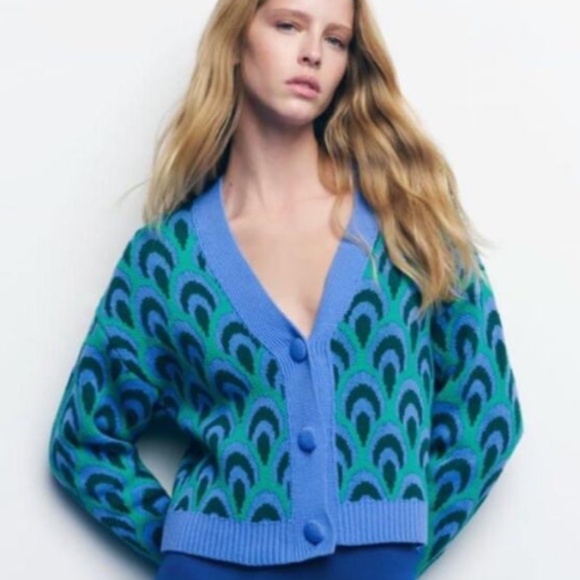Zara Sweaters - Zara Jacquard Knit Oversized Cardigan Peacock Print Blue Green Sweater Small S